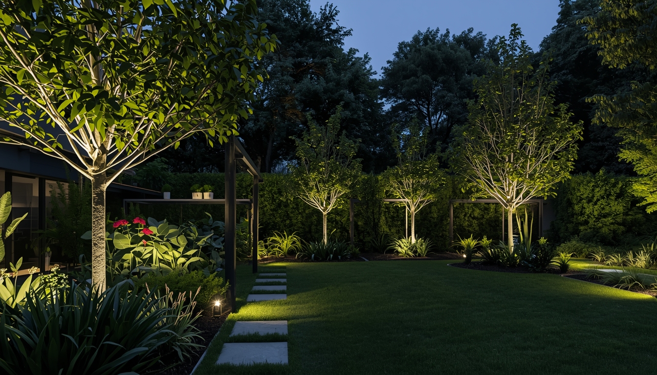 Taman dengan pencahayaan dan sistem penyiraman modern